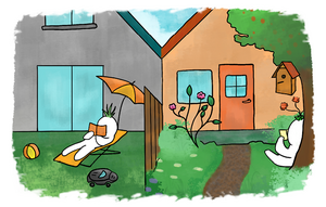 Gemaltes Bild von Vorgärten von zwei Häusern mit einem Zaun dazwischen. Das linke Haus ist grau, das rechte orange. In beiden Gärten liegt ein weisses Männchen im Garten. Der linke Garten ist geprägt von einer grünen Wiese, einem Ball und einem Sonnenschirm. Im rechten Garten steht ein Baum, es hat einen kleinen Weg und Pflanzen.